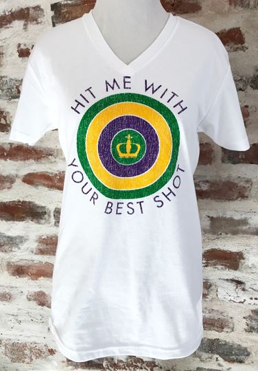 "Hit Me With Your Best Shot" White Sueded Unisex V-Neck Tee