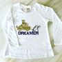 "Mardi Gras Dreamer" White Girls Sheer Jersey Raw Edge Raglan High Low Long Sleeve