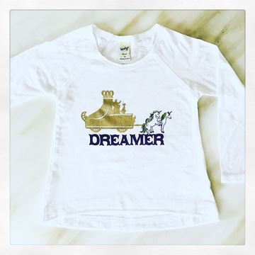 "Mardi Gras Dreamer" White Girls Sheer Jersey Raw Edge Raglan High Low Long Sleeve